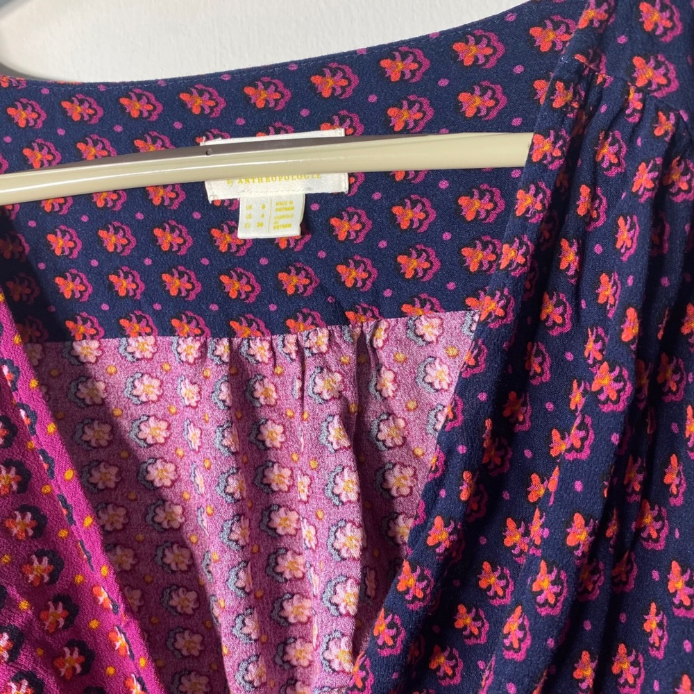 Anthropologie MAEVE Floral  Wrap Top Magenta Navy‎ Long Sleeve  Size 4 - Picture 4 of 8